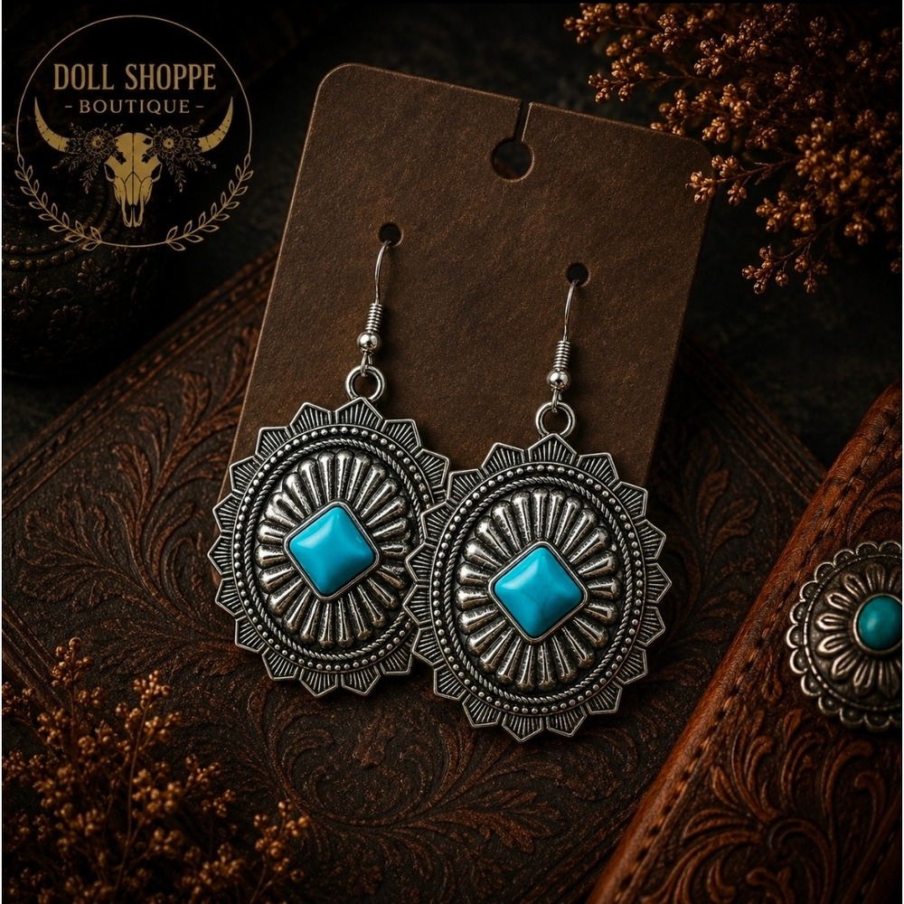 Western Turquoise Sunburst Concho Dangle Earrings